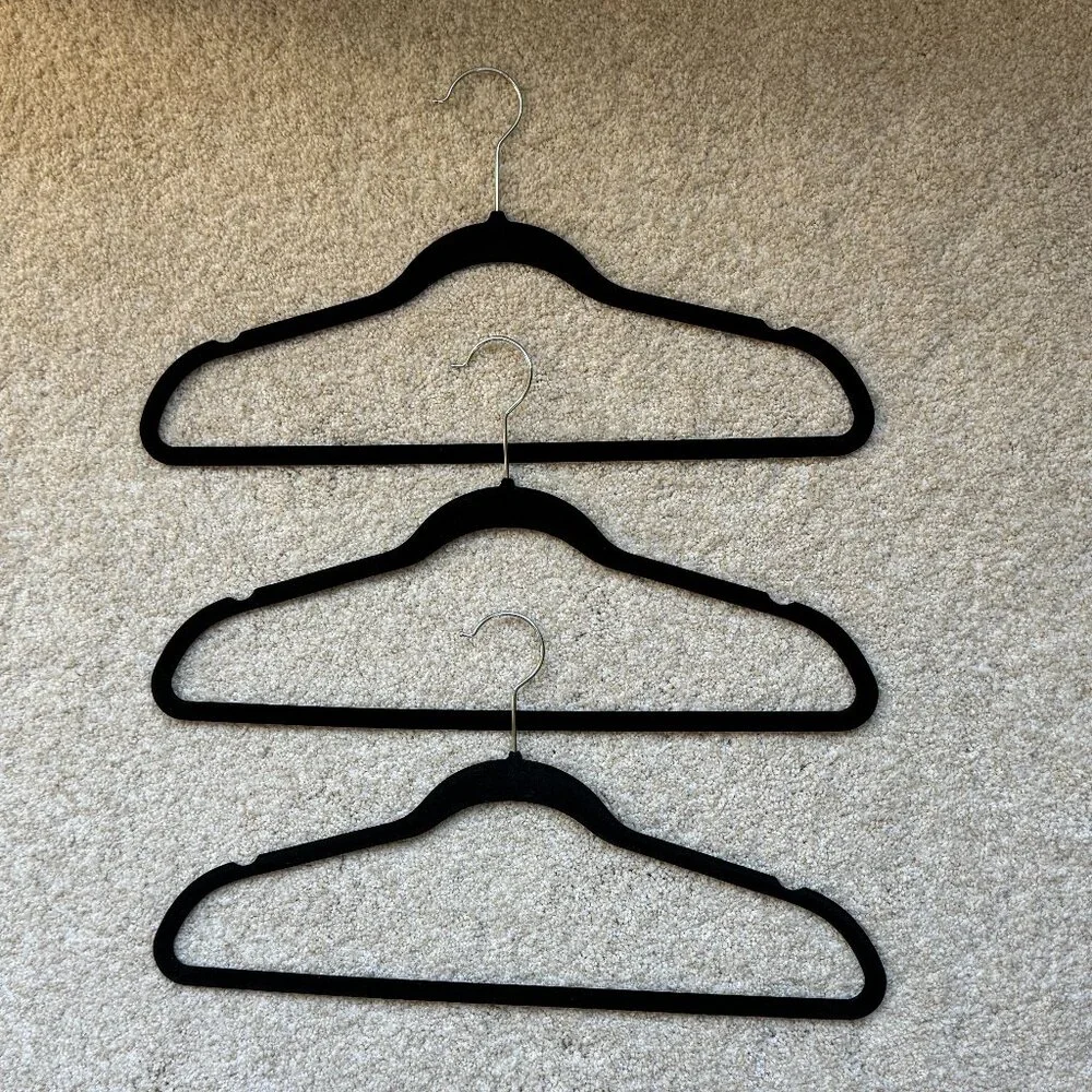 Set of 12 Velvet Non-Slip Hangers, Heavy Duty, Slim Profile - Black Silver Hook